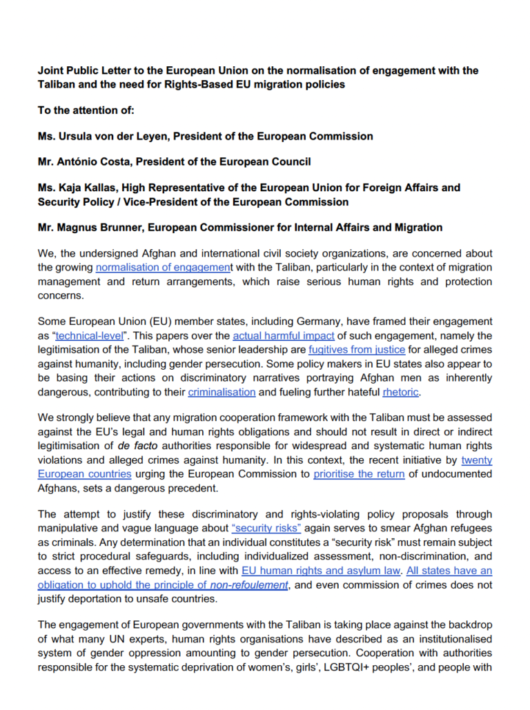 Joint Public Letter to the European Union on the normalisation of engagement with theTaliban and the need for Rights-Based EU migration policies